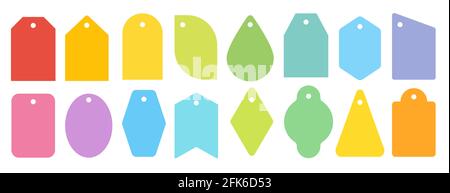 Preisschild buntes Icon Set. Verschiedene Formen flache Etiketten für den Einzelhandel, Verkauf Markt Förderung Sonderangebot. Leerer farbiger Geschenksticker. Leeres Rabattschild. Retro-Shop-Gutscheinkarte. Einfacher Kauf Stock Vektor