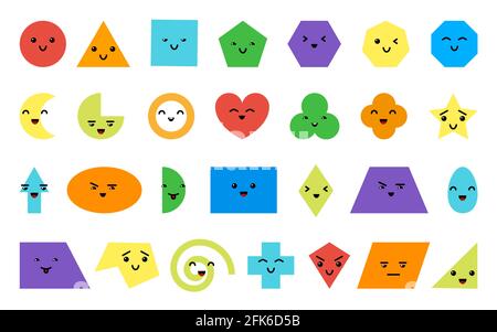 Geometrische Formen signiert Farbsatz. Kindergarten niedlichen Emoji-Charakter. Child Kawaii Expression Emoticon. Aktivität im Vorschulalter. Logik Kind Lektionen, Geschicklichkeit spielen Cartoon Puzzle isoliert auf weißem Hintergrund Stock Vektor