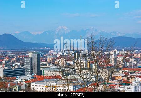 Beobachten Sie die Stadt von der Ljubljanski Grad (Burg) aus und genießen Sie den Blick auf die Julischen Alpen hinter den modernen Stadtteilen Ljubljana, Slowenien Stockfoto