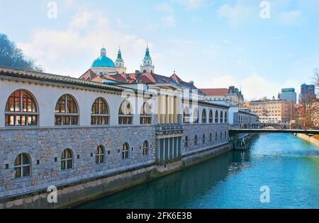 Das Stadtbild mit dem Fluss Ljubljanica, genießen Sie den Blick auf die Metzgerbrücke, den Pavillon des Central Market und die Kuppel der St. Nikolaus Kathedrale in Stockfoto