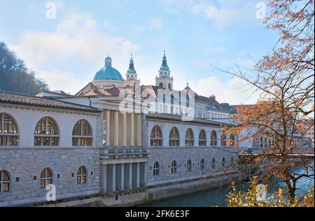 Historisches Gebäude des Hauptmarktes von Ljubljana, mit Blick auf den Fluss Ljubljanica und die St.-Nikolaus-Kathedrale im Hintergrund, Slowenien Stockfoto