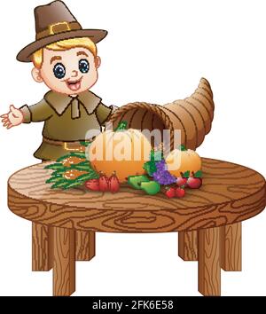 Pilgerjunge mit Füllhorn von Obst und Gemüse auf Holz Tabelle Stock Vektor