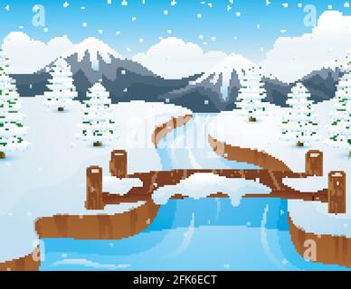 Cartoon Winterlandschaft mit Bergen und kleiner Holzbrücke Fluss Stock Vektor