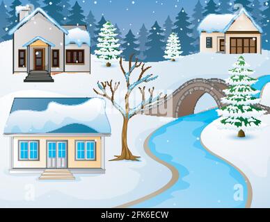 Vektor-Illustration von Cartoon Winter ländliche Landschaft mit Häusern und Steinbrücke über den Fluss Stock Vektor