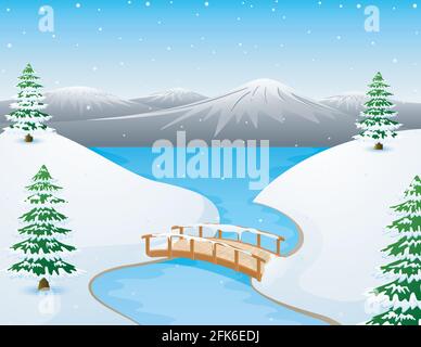 Cartoon Winterlandschaft mit Bergen und kleiner Holzbrücke Fluss Stock Vektor