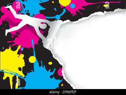 Mann weht im Wind, zerreißt Papier, mit Druckfarben spritzt. Expressive Illustration eines zerrissenen Papierhintergrunds. Farbdruck-Konzept. Stock Vektor