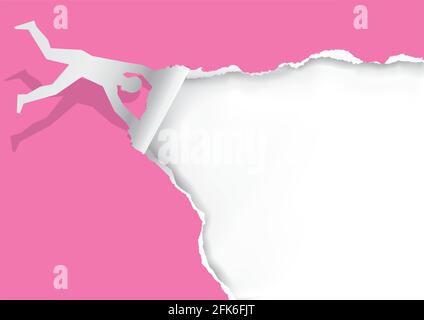Fliegender Mann, zerreißendes Papier, lustige rosa zerrissene Papier-Bannervorlage. Papiersilhouette des Mannes enthüllt weißen Hintergrund mit Platz für Ihren Text oder Bild Stock Vektor