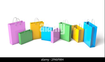 Farbige Papier-Einkaufstaschen. Isoliert auf weißem Hintergrund. 3d-Rendering. Stockfoto