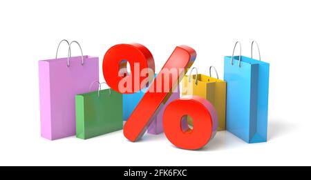 Prozentzeichen und Papiertüten zum Einkaufen. 3d-Rendering. Stockfoto