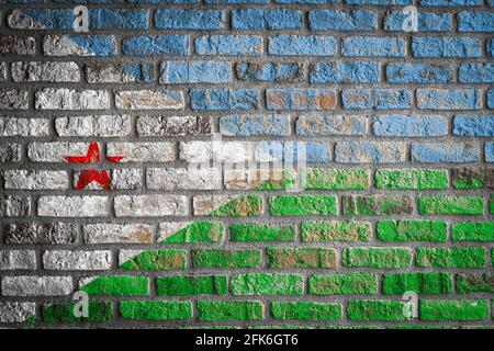 Nationalflagge von Dschibuti, die in Farbfarben auf einer alten Ziegelmauer abgebildet ist. Flaggenbanner auf Backstein Wand Hintergrund. Stockfoto