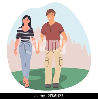 Glückliches Paar zu Fuß im Wald, flache Vektorgrafik. Wandern, Camping, Trekking. Sommeraktivitäten im Freien. Urlaub. Stock Vektor