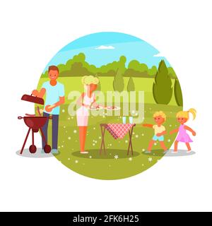 Familie bbq, Vektorgrafik. Mama Papa Kinder kochen, essen gegrillte Würstchen. Grillparty, Sommerfreizeitbeschäftigung. Stock Vektor