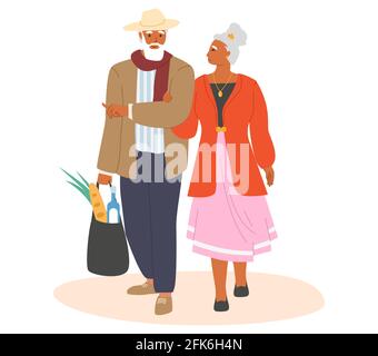 Ältere Paar zu Fuß mit Lebensmittelbeutel flache Vektor-Illustration. Alte Leute kaufen zusammen. Aktiver Seniorenlebensstil Stock Vektor