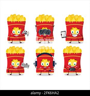 Kartoffel-Chips Cartoon-Figur spielen Spiele mit verschiedenen niedlichen Emoticons. Vektorgrafik Stock Vektor