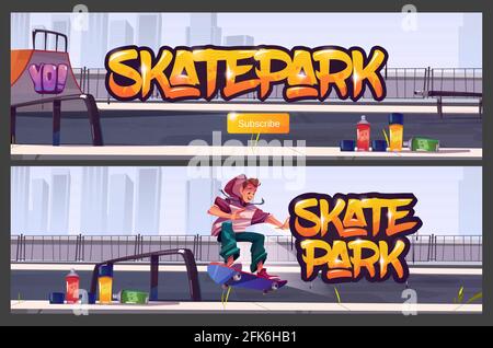 Skate Park Banner mit Jungen auf Skateboard fahren. Vektor-Cartoon-Illustration von Skatepark mit Rampen, Graffiti an der Wand, Aerosole und Teenager springen auf die Strecke. Spielplatz für extreme sportliche Aktivitäten Stock Vektor