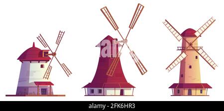 Cartoon Windmühlen antike Gebäude. Traditionelle Windmühlen zum Mehlmahlen, ländliche Struktur mit Flügelpropeller. Mühlsteine für die Getreide- oder Brotverarbeitung. Vintage-Architektur Vektor-Illustration Stock Vektor