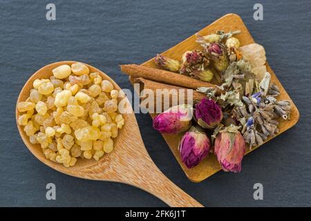 Holzlöffel aus aromatischem gelben Harz Kaugummi neben getrockneten Blüten Rosenblüten Lavendel Zimt. Harzweihrauch von sudanesischem Weihrauchbaum, hergestellt nach sla Stockfoto