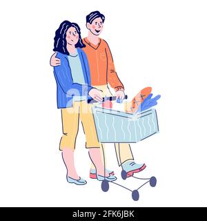 Junges Paar einkaufen im Supermarkt, Cartoon-Vektor-Illustration isoliert auf weißem Hintergrund. Mann und Frau schieben Supermarkt Warenkorb mit g Stock Vektor