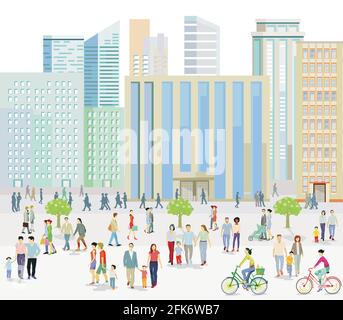 Große Stadt mit Menschen auf dem Bürgersteig Illustration Stock Vektor