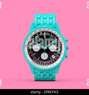 Luxus Classic Analog Herren Armbanduhr in Blau im Duotone-Stil auf einem rosa Hintergrund. 3d-Rendering Stockfoto