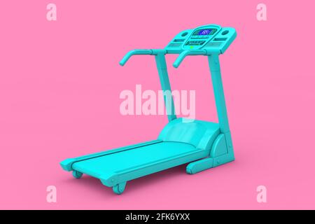 Blue Treadmill Fitness Run Machine im Duotone Style auf einem rosa Hintergrund. 3d-Rendering Stockfoto