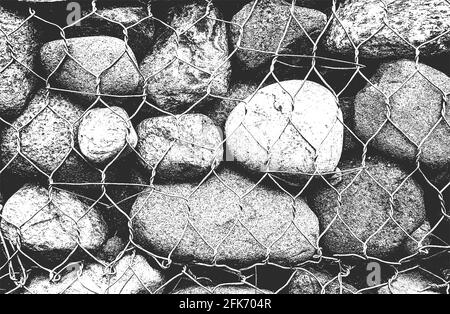 Distressed Overlay Textur von Steinen, Felsen, Kieselsteinen, Macadam innerhalb der metallischen Mesh, Netz. Grunge Hintergrund. Abstrakte Halbton Vektor-Illustration Stock Vektor