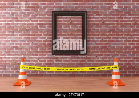 Leerer Bilderrahmen mit gelbem Klebeband Überqueren Sie nicht die Polizeilinie mit Straßenkegeln im Museum auf einem roten Backsteinwand-Hintergrund. 3d-Rendering Stockfoto