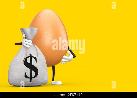 Brown Chicken Egg Person Figur Maskottchen mit gebunden Rustikale Leinwand Leinen Geld Sack oder Geldbeutel mit Dollar-Zeichen auf einem gelben Hintergrund. 3d-Rendering Stockfoto