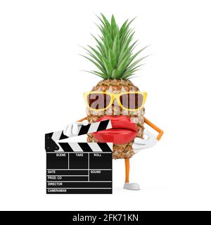Fun Cartoon Fashion Hipster Schnitt Ananas Person Figur Maskottchen mit Film Clapper Board auf einem weißen Hintergrund. 3d-Rendering Stockfoto