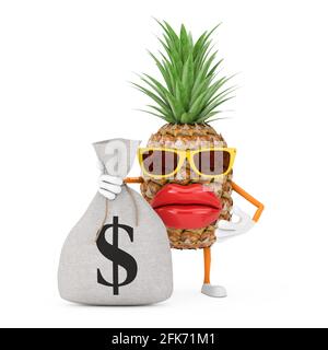 Spaß Cartoon Fashion Hipster Schnitt Ananas Person Charakter Maskottchen mit Gebunden Rustikale Leinwand Leinen Geld Sack oder Geldbeutel mit Dollarzeichen auf einer weißen BA Stockfoto