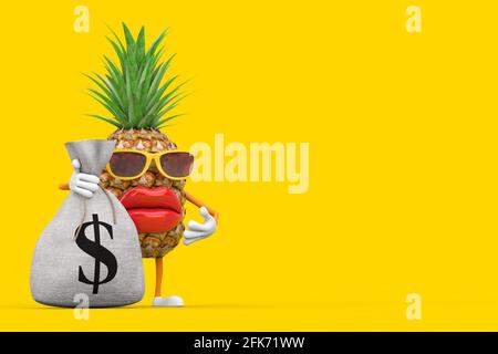 Spaß Cartoon Fashion Hipster Schnitt Ananas Person Charakter Maskottchen mit Gebunden Rustikale Leinwand Leinen Geld Sack oder Geldbeutel mit Dollarzeichen auf einem gelben b Stockfoto