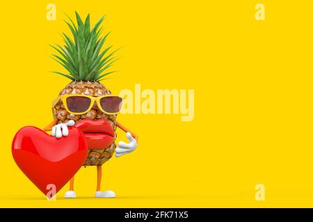 Fun Cartoon Fashion Hipster Schnitt Ananas Person Figur Maskottchen mit rotem Herzen auf einem gelben Hintergrund. 3d-Rendering Stockfoto