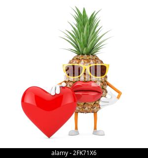 Fun Cartoon Fashion Hipster Schnitt Ananas Person Figur Maskottchen mit rotem Herzen auf weißem Hintergrund. 3d-Rendering Stockfoto