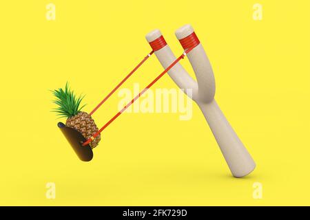 Gefahr Holzschnitzelwaffe Spielzeugwaffe mit frischer reifer tropischer gesunder Ernährung Ananasfrucht auf gelbem Hintergrund. 3d-Rendering Stockfoto