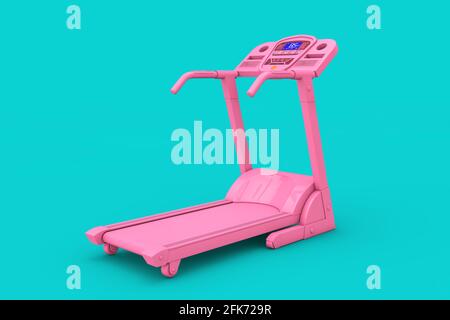 Pink Laufband Fitness Laufmaschine im Duotone Style auf blauem Hintergrund. 3d-Rendering Stockfoto