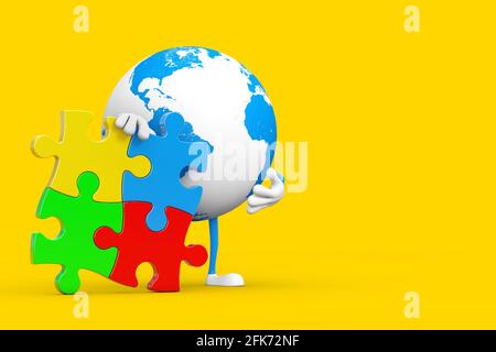 Erde Globe Person Figur Maskottchen mit vier Stücke von bunten Puzzle auf einem gelben Hintergrund. 3d-Rendering Stockfoto