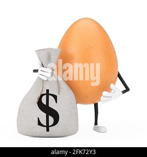 Brown Chicken Egg Person Figur Maskottchen mit gebunden Rustikale Leinwand Leinen Geld Sack oder Geldbeutel mit Dollar-Zeichen auf einem weißen Hintergrund. 3d-Rendering Stockfoto