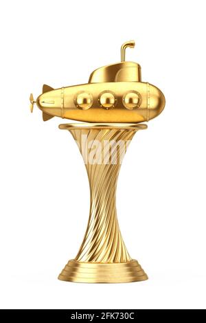 Golden Award Trophy Spielzeug Cartoon Stil U-Boot auf weißem Hintergrund. 3d-Rendering Stockfoto