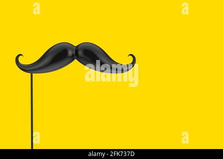 Schwarze Masquerade Schnurrbärte auf Stick Maske auf gelbem Hintergrund. 3d-Rendering Stockfoto
