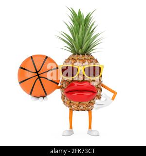 Fun Cartoon Fashion Hipster Schnitt Ananas Person Figur Maskottchen mit Basketball Ball auf weißem Hintergrund. 3d-Rendering Stockfoto
