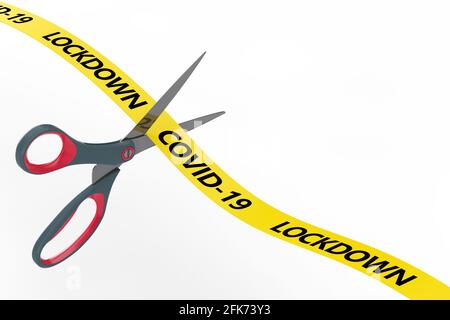 Das Ende des Lockdown-Konzepts. Scheren schneiden Gelbes Band mit COVID-19 Lockdown Zeichen auf weißem Hintergrund. 3d-Rendering Stockfoto