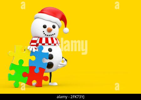 Schneemann in Santa Claus Hut Person Charakter Maskottchen mit vier Stücke von bunten Puzzle auf einem gelben Hintergrund. 3d-Rendering Stockfoto