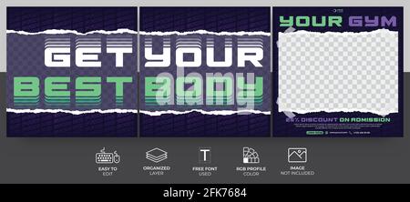 Gym and Fitness Social Media Template Post für Marketing, Promotion und Werbung. Stock Vektor