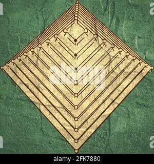 Designvorlage für Broschüren oder Berichte. Verbundene Linien mit Punkten. Isometrische Pyramide. Grunge Distress Textur. Stockfoto