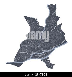 Karte von Nantes. Detaillierte Vektorkarte des Verwaltungsgebiets der Stadt Nantes. Blick auf das Stadtbild mit Postern und die Arie der Metropole. Dunkles Land mit weißen Straßen, Straßen und ein Stock Vektor