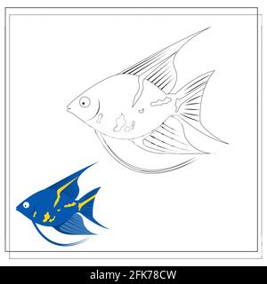 Die Seite des Malbuches, blauer Fisch mit gelben Streifen. Farbversion und Skizze. Bild für Kinder. Vektordarstellung isoliert auf einem Whit Stock Vektor