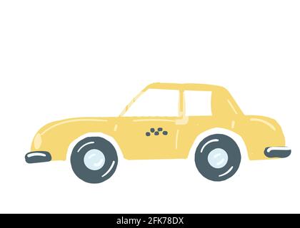 Gelbes Taxiauto. Isolierte Limousine. Passagiertaxi mit Kofferraum. Handgezeichneter Cartoon-Stil, Vektorgrafik. Öffentlicher Verkehr Stock Vektor