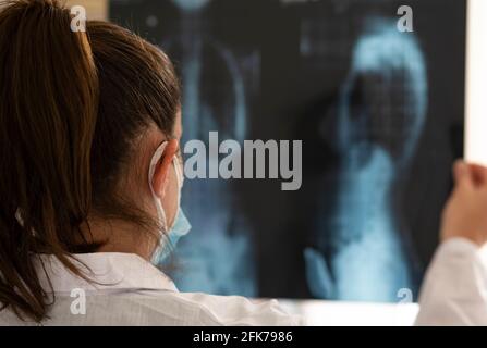 Eine junge Ärztin überprüft eine Röntgenaufnahme. Blick von hinten. Stockfoto