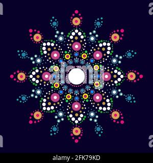 Ein pantone-Farbmuster-Mandala mit Blumenmuster, Symmetrie-Kunst der gepunkteten Technik mit nahtlosem Muster auf dunkelblauem Hintergrund Stockfoto