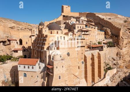 Mar Saba griechisch-orthodoxes Kloster in Israel Judaische Wüste, Luftansicht. Stockfoto